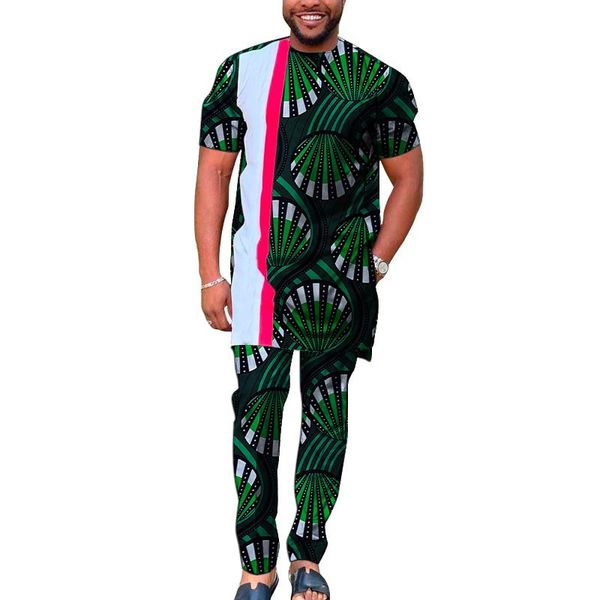 Tute da uomo Abiti da sposa da uomo Festival Top patchwork rosso e bianco Manica corta con pantaloni Stampa stile africano Occasione maschile Cos