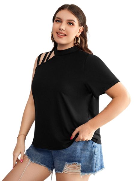 

plus ladder cut asymmetrical neck tee p5cj#, Black