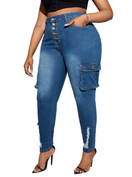 

plus high waist button fly ripped flap pocket skinny jeans g4zd#, Blue