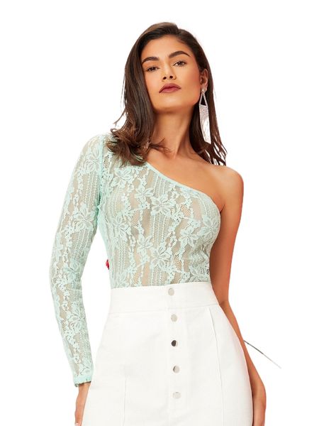 

floral lace one shoulder sheer 24yz#, White
