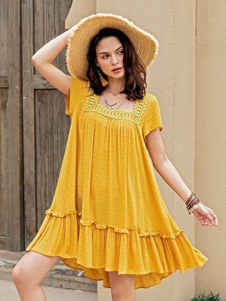 

rusttydustty ruffle hem swiss dot dress 574a#, Black;gray