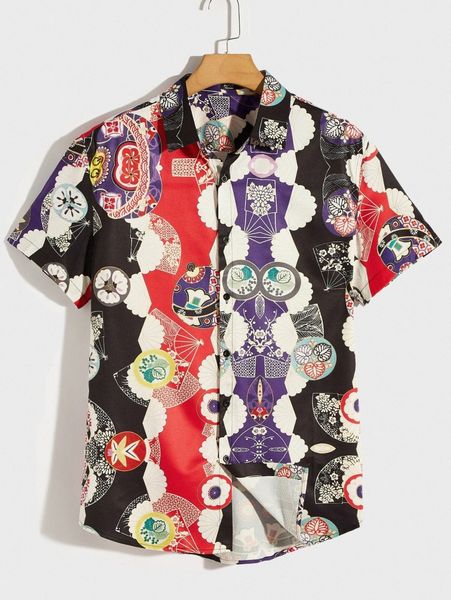 

romwe guys all over print button front shirt y4uq#, White;black