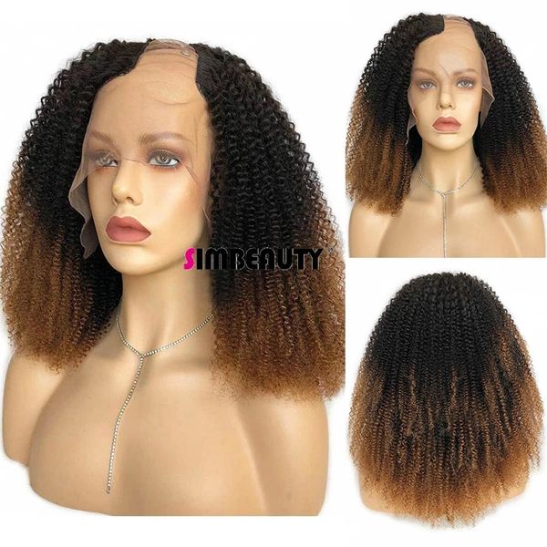 Parrucca afro con parte a U a densità 200% Parrucche ricce crespi per capelli umani al 100% Ombre colorate Glueless a forma di V Parrucche complete per macchina per le donne