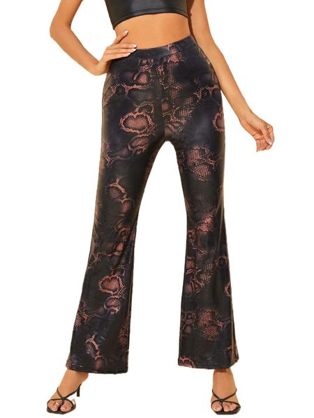 

snakeskin print patent flare leg pants l1qo#, Black;white