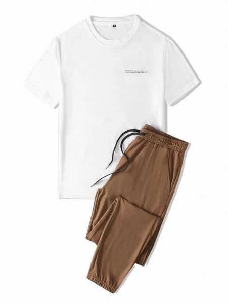 

men slogan graphic tee & sweatpants 231v#, Gray