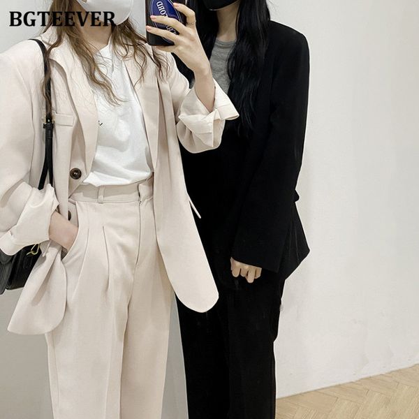 

2021 spring new casual pant suits single-breasted loose women blazer &amp high waist suit pants female 2 pieces blazer set, White
