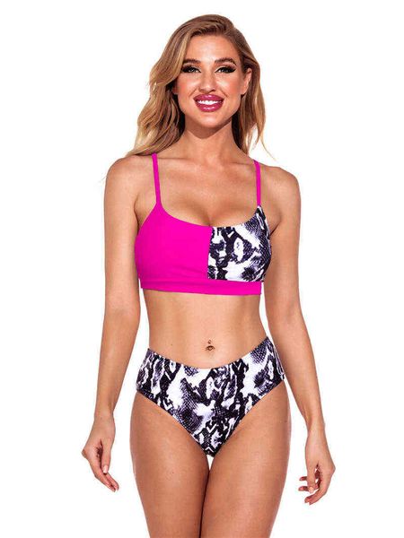 

women's split swimsuit stitched leopard bikini suspender, White;black