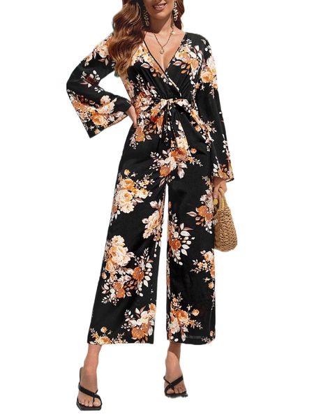 

floral print overlap collar trumpet sleeve belted culotte jumpsuit d8k5#, Black;white