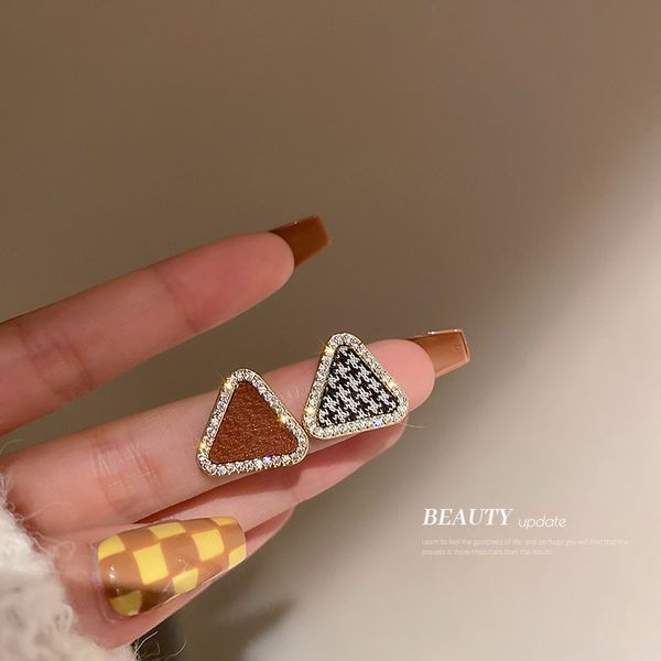 

925 silver stud rhinestone-encrusted triangle asymmetric stud earrings korean fabric houndstooth eardrop internet famous personalized earri, Golden