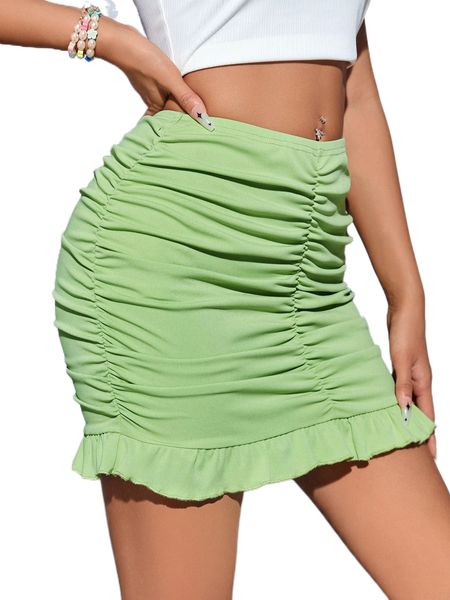 

ruched ruffle hem bodycon skirt r5df#, Black