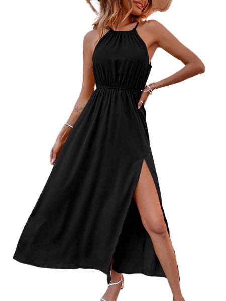 

split thigh halter dress i0vz#, Black;gray