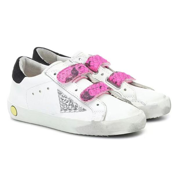 2023 Weiß Italien Kindergröße Kinder Freizeitschuhe Classic Do-old Dirty Golden Glitter Hook Loop Sneakers Leder Super Star Schuh Metall Schriftzug 19-34 7RKB