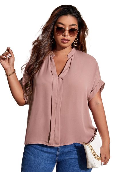 

plus solid notched neck blouse w6z9#, Black