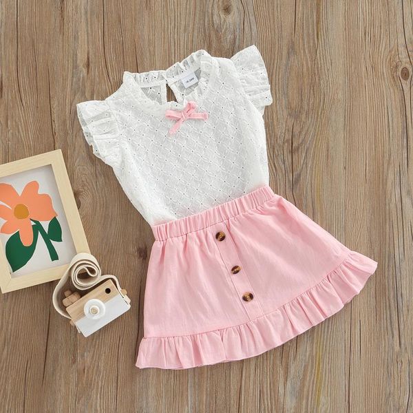 Vestidos femininos 2pcs garotas roupas de verão bobo bufle ruffle colle tops tops butões saia com babados para crianças de 18 meses a 5 anos