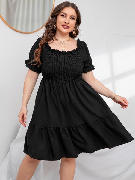 

plus shirred puff sleeve ruffle hem dress w0sz#, Black