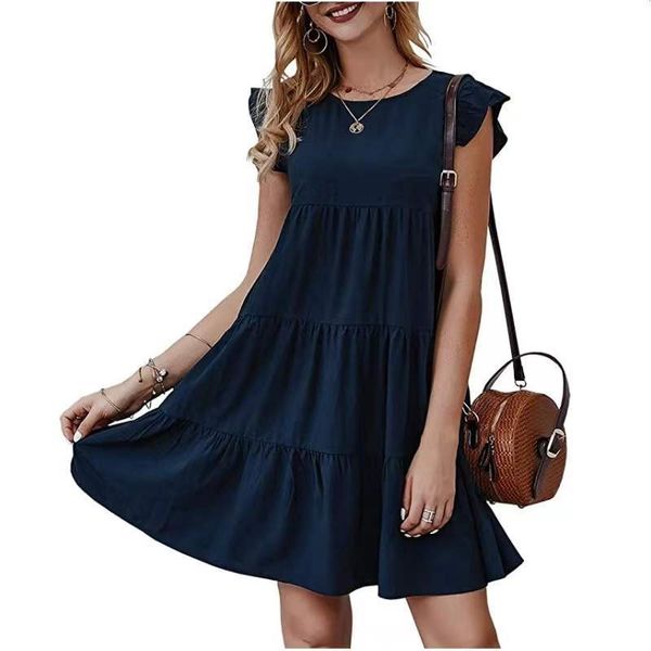 

2022 summer women's polyester dress pure color round collar short sleeve relaxation drape simple giant swing dresses, Black;gray