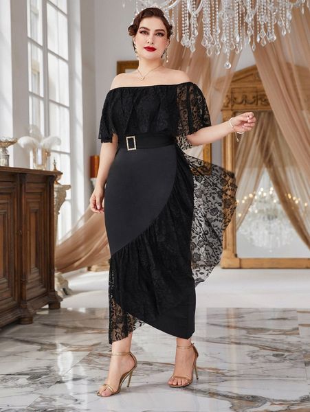

plus off shoulder contrast lace ruffle trim belted dress 999t#, Black