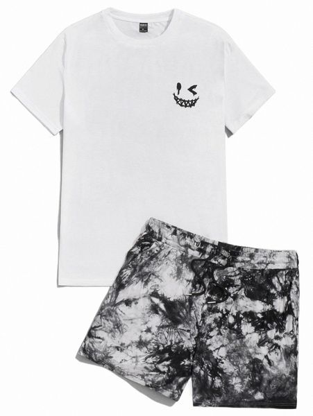 

men expression print tee & tie dye drawstring waist shorts g6sx#, Gray