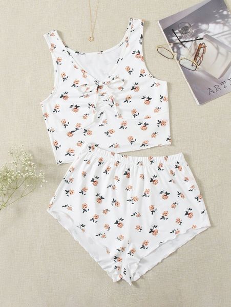 

tie front allover floral pajama set e2jq#, Black;red