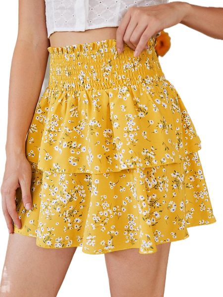 

ditsy floral print paperbag waist two layer hem skirt 48j0#, Black