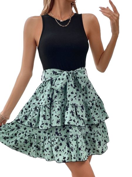 

ditsy floral colorblock layered hem belted dress j8bc#, Black;gray