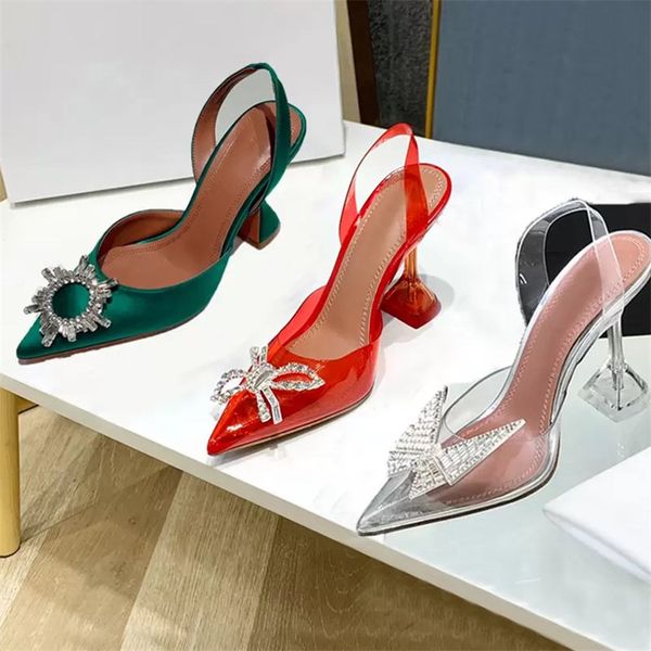 

2022 satin cloth thick heel heel sandals slide ladies dance designer shoes metal ballroom bar diamond glass slipper 7cm10cm size 34-41-42, Black