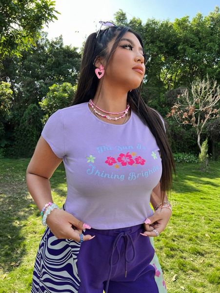 

plus slogan & floral print tee w6gh#, Black