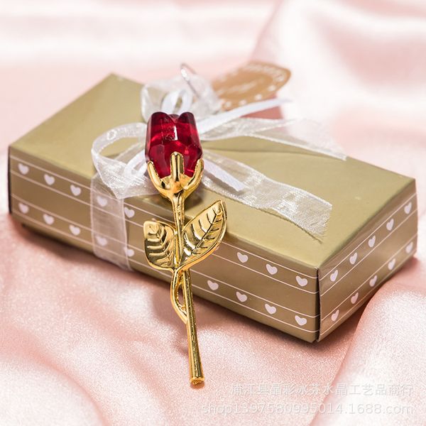 50 UNIDS Favores de la boda Cristal transparente Rosa con oro / plata de tallo largo en caja de regalo Obsequios de fiesta de despedida de soltera para invitados DH888