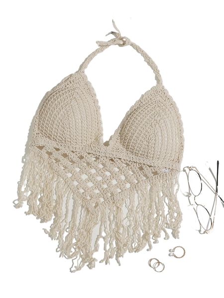 

fringe hem halter bikini a3zb#, White;black