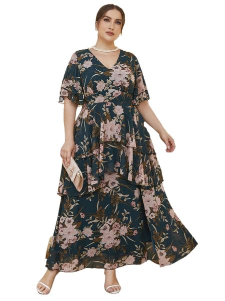 

plus floral print butterfly sleeve layered hem dress 18ra#, Black