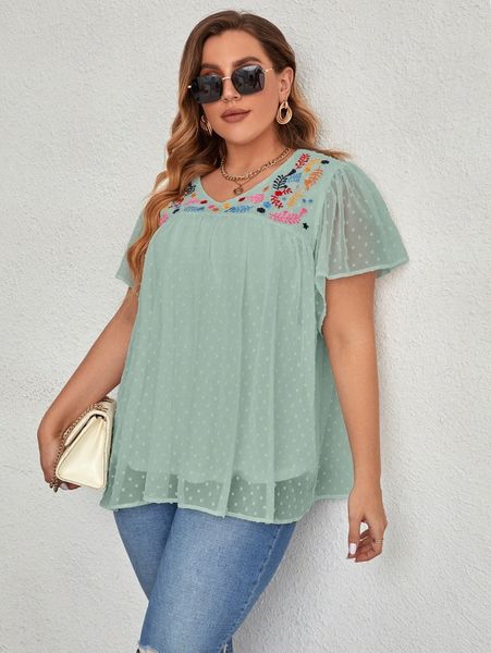 

plus floral embroidery swiss dot butterfly sleeve chiffon blouse o5wu#, Black