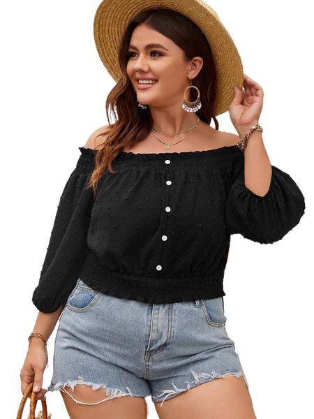 

plus swiss dot off shoulder lantern sleeve shirred blouse s4xd#, Black