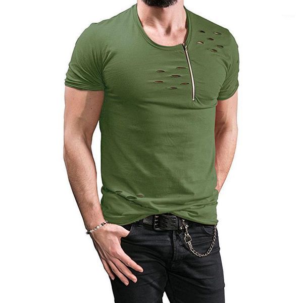 T-shirt da uomo Acacia Person 2022 Summer T Shirt Uomo Plus Size 3XL Strappato Hole Zipper T-shirt casual traspiranti