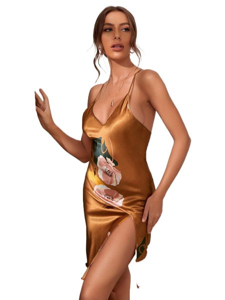 

floral print criss cross back satin night dress i94k#, Black;red