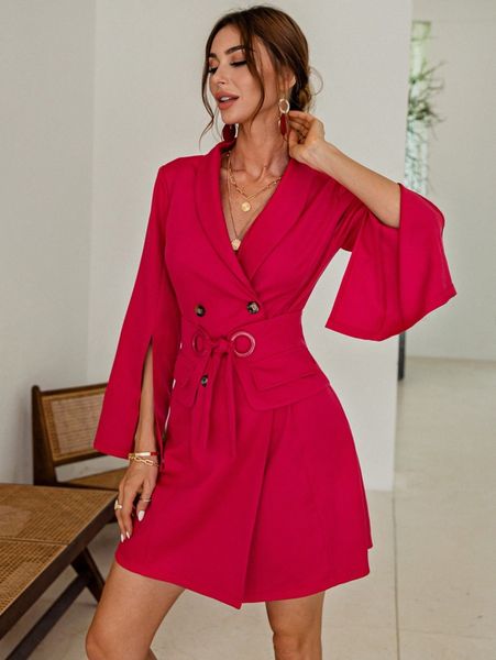 

glamaker split sleeve double button belted blazer dress i6hs#, White