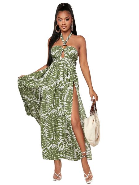 

sxy leaves print cut out ring split thigh halter dress p0yz#, Black;gray