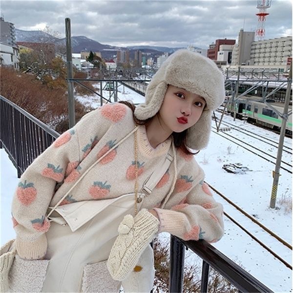 

winter sweet lolita cute sweater cartoon strawberry peach snowflake knit women casual pullover loose sweater long style 201222, White;black