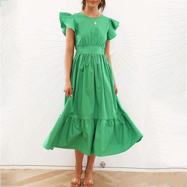 Abiti casual Foridol manica a farfalla Solid Backless Women Maxi Dress Green O Neck senza maniche elegante abito lungo estivo 2022