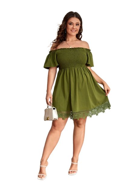 

plus off shoulder guipure lace hem shirred bodice dress 69un#, Black