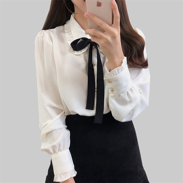 Bogen Shirts Frau Langarm Taste Chiffon Bluse Frauen Stickerei Blusen Schmetterling Hülse Casual Weißes Hemd Femme 210401