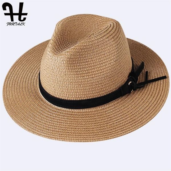 

furtalk summer straw for women beach hat men jazz panama hats fedora wide brim sun protection cap with leather belt y200602285g, Blue;gray