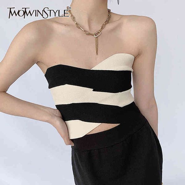 

striped hit color vest for women strapless sleeveless slim short knitted tank female fashion clothes 210423, White