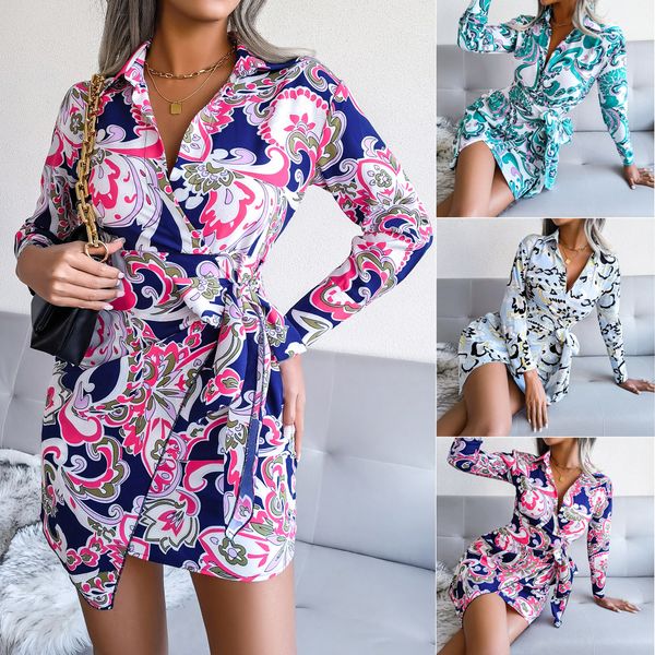 

paisley printed women casual dress long sleeve spring summer bodycon shirts dress office ladies turn down collar mini dresses, Black;gray