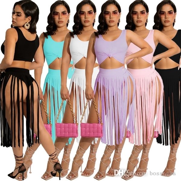 Frauen Quaste Zweiteiliges Kleid Set Einfarbig Sexy Outfits Nachtclub Tragen S-XXL