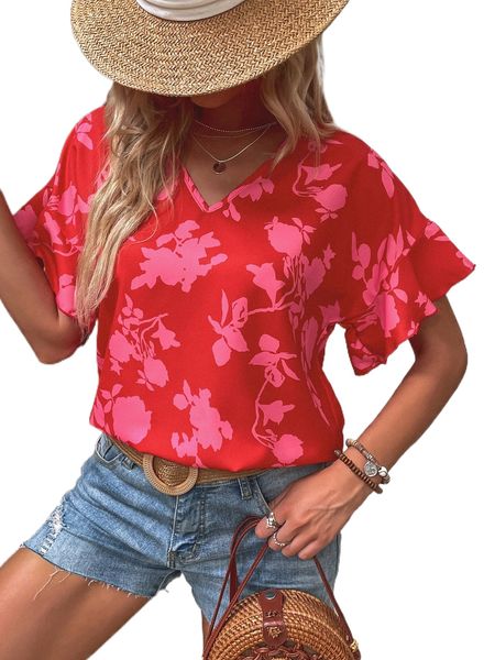 

floral print flounce sleeve blouse e6hm#, White