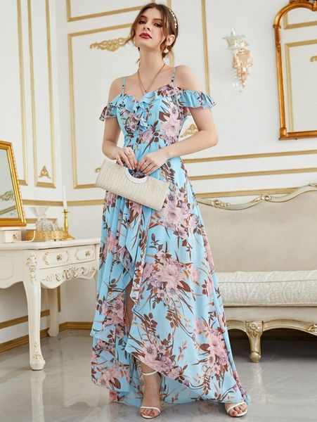 

cold shoulder high low hem allover floral dress n9rt#, Black;gray