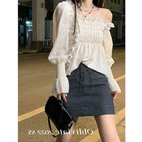 

women's polos " sweetheart" off shoulder firefly design sense chiffon fairy square collar short spring style w4fy, White