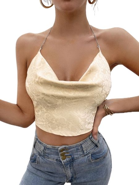 

jacquard draped chain detail backless satin crop halter w1kz#, White