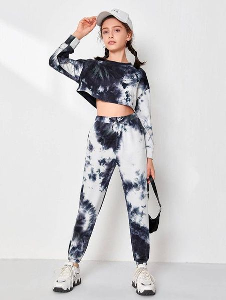 

girls drop shoulder tie dye pullover & sweatpants set she, White