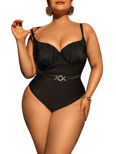 

plus rhinestone ruched bust push up one piece swimsuit l94r#, White;black